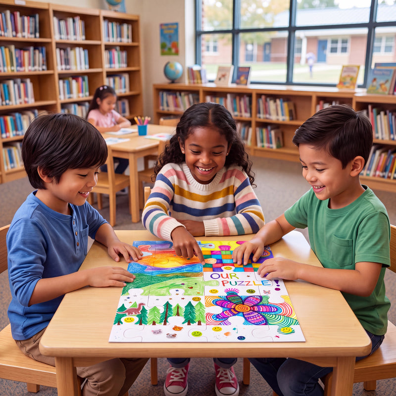 children in school creating the 20 piece junior community puzzle