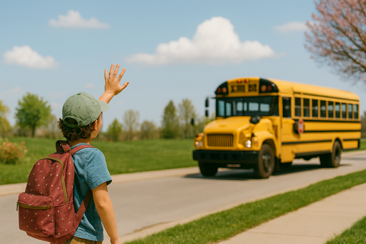 child waving by schoolbus