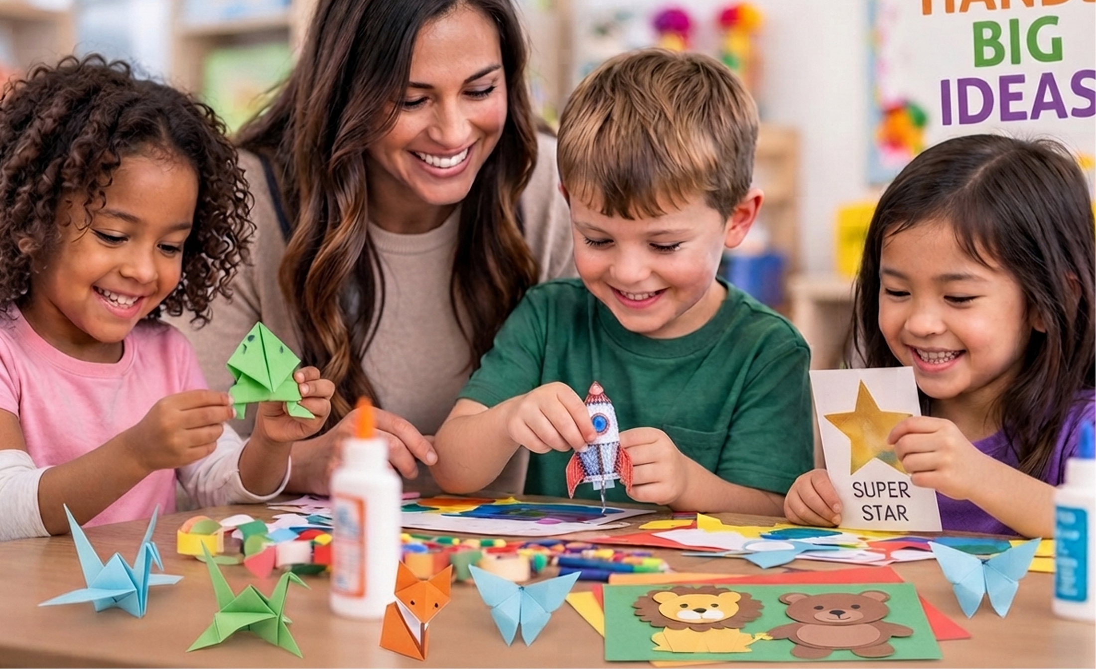 A teacher and four children making paper crafts together at a classroom table