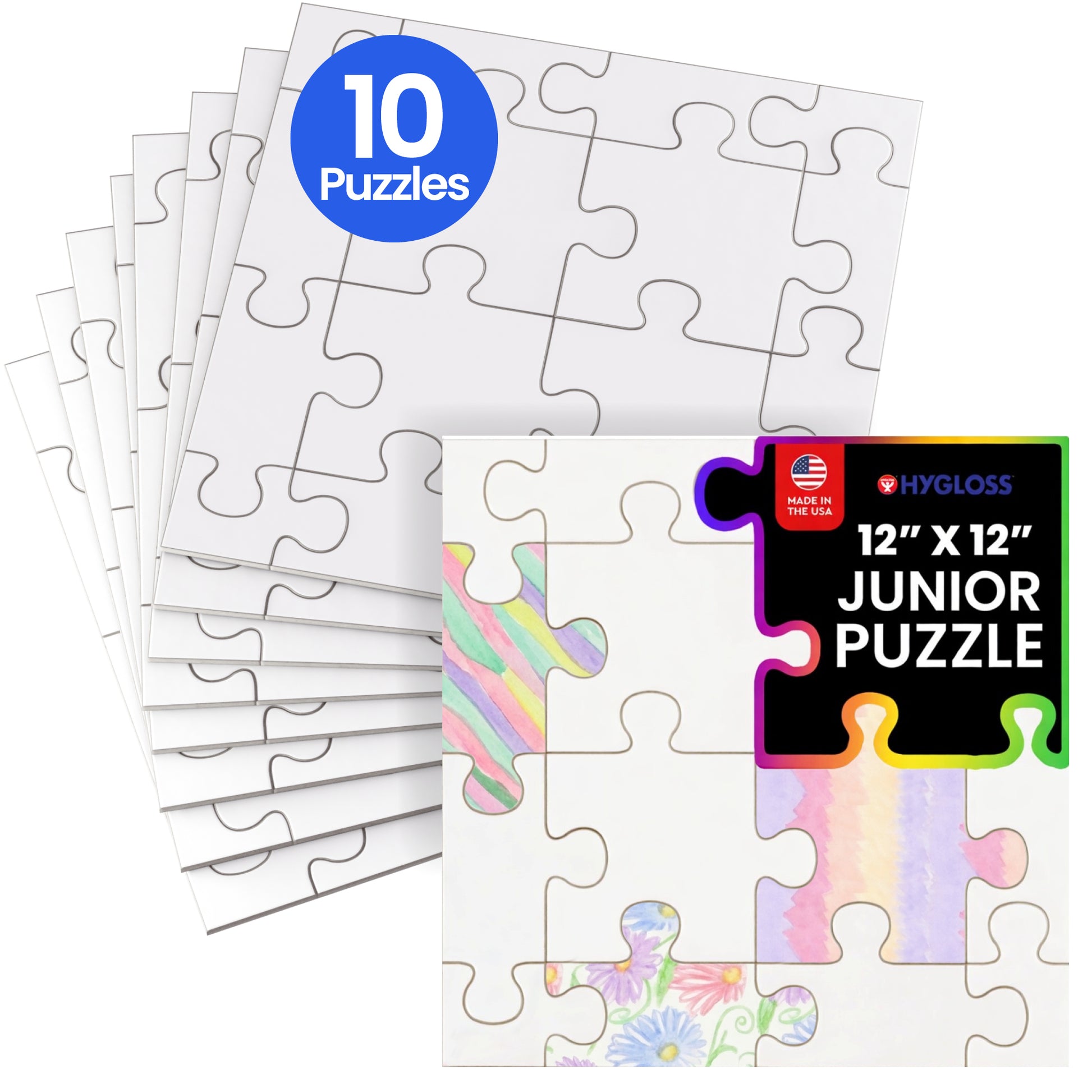 Set of 10 white junior puzzles with colorful designs on a white background
