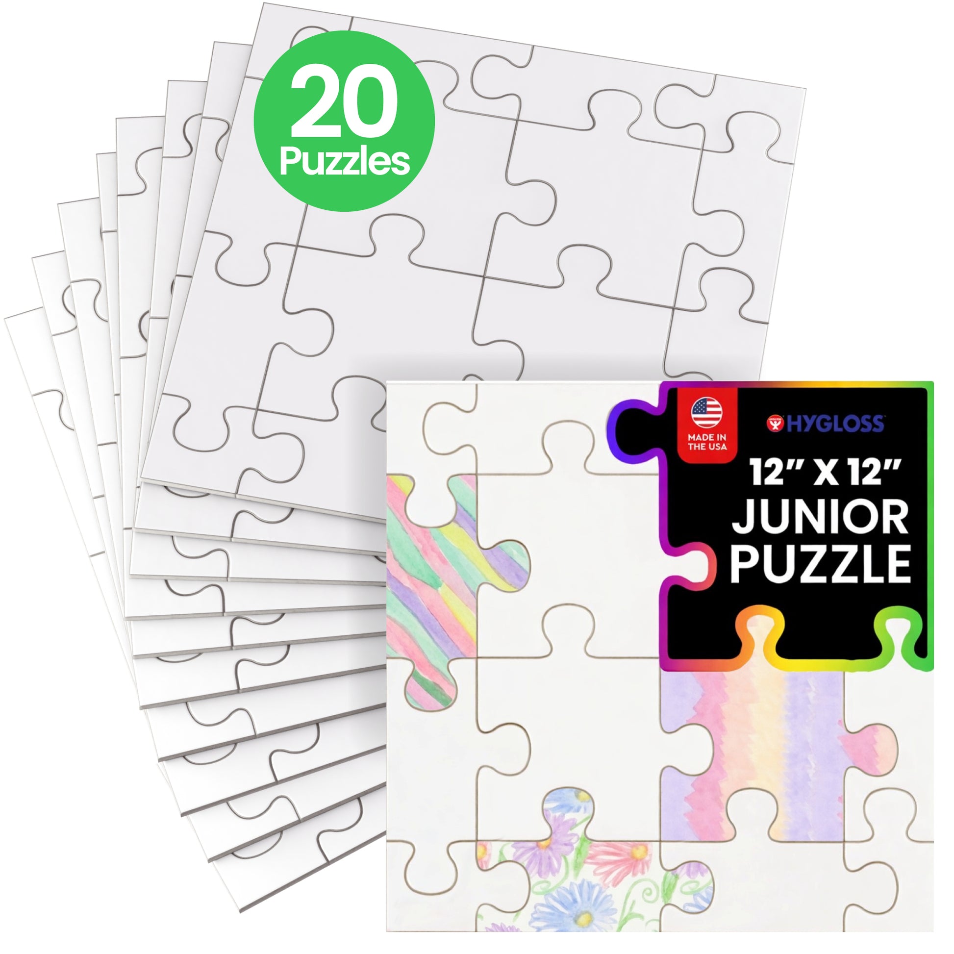 Set of 20 white junior puzzles with colorful designs on a white background