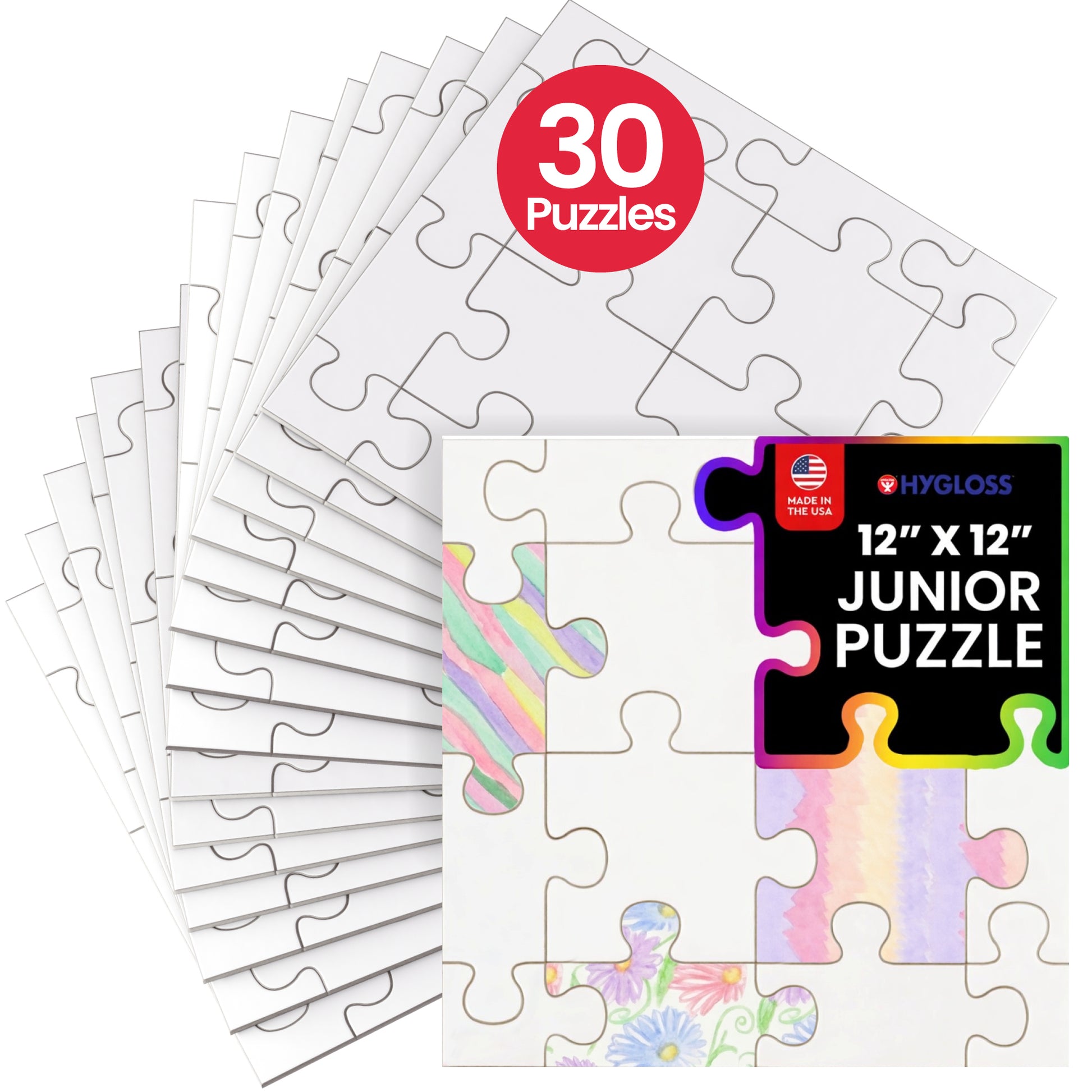 Set of 30 white puzzle pieces with a colorful puzzle piece design on a white background.