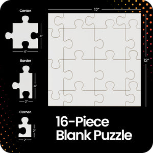 16-piece blank puzzle with measurements and types of pieces on a black background