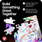 Promotional image of a junior community puzzle set with decorated pieces and text encouraging collaboration.

