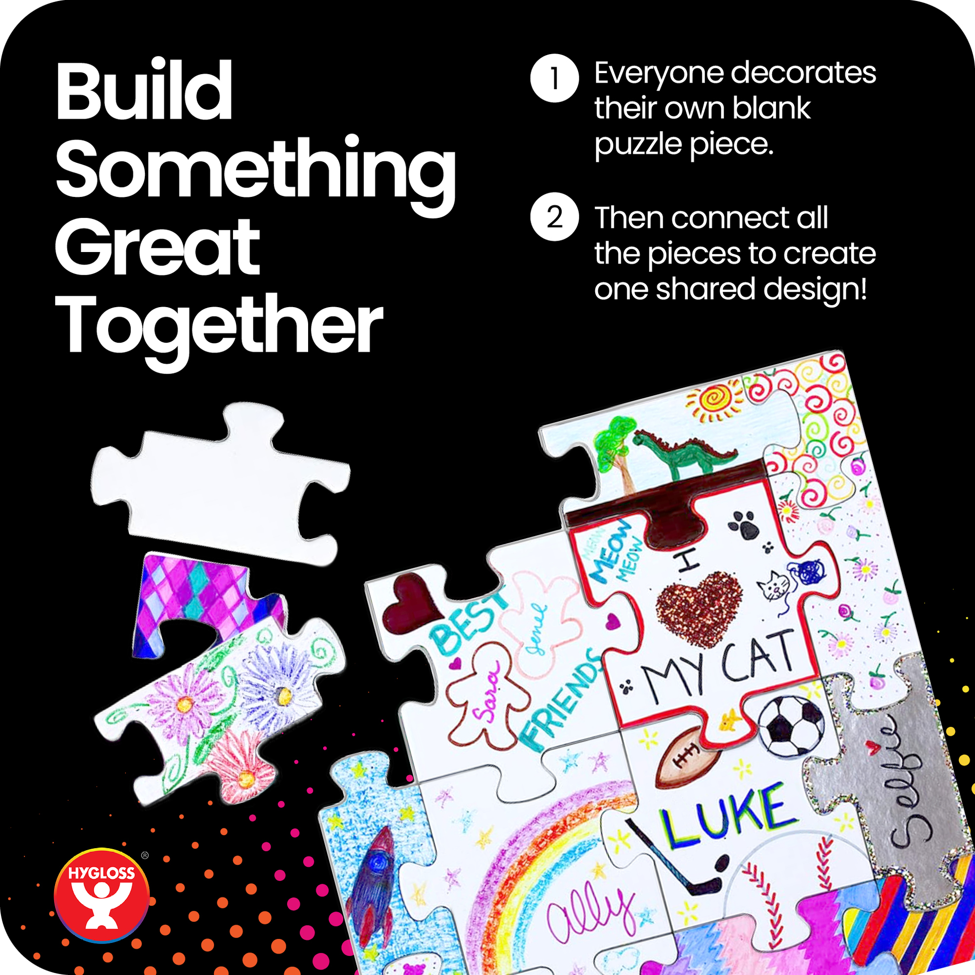 Promotional image of a junior community puzzle set with decorated pieces and text encouraging collaboration.

