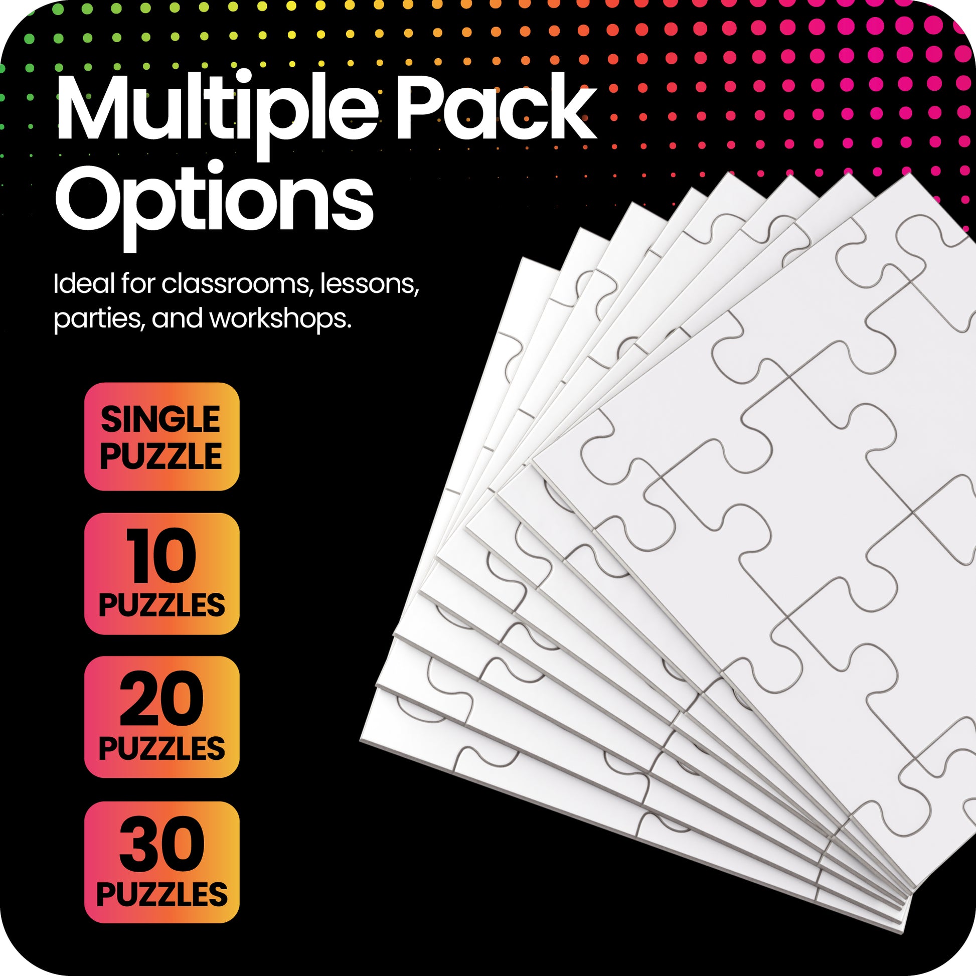 picture of multiple junior community puzzles, explainingh options for different quantities on a black background.

