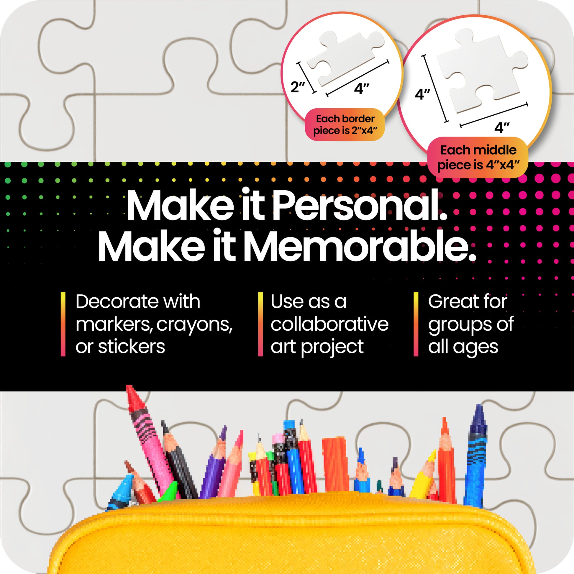 Blank junior community puzzle with colorful markers and crayons, and text encouraging personalization and collaboration.

