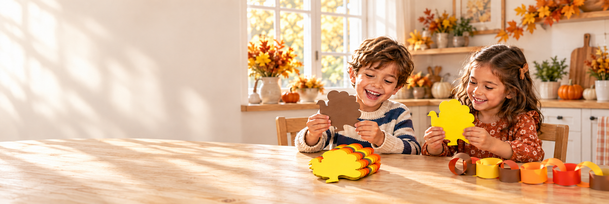 Two children holding paper turkey cut-outs at a kitchen table decorated for fall