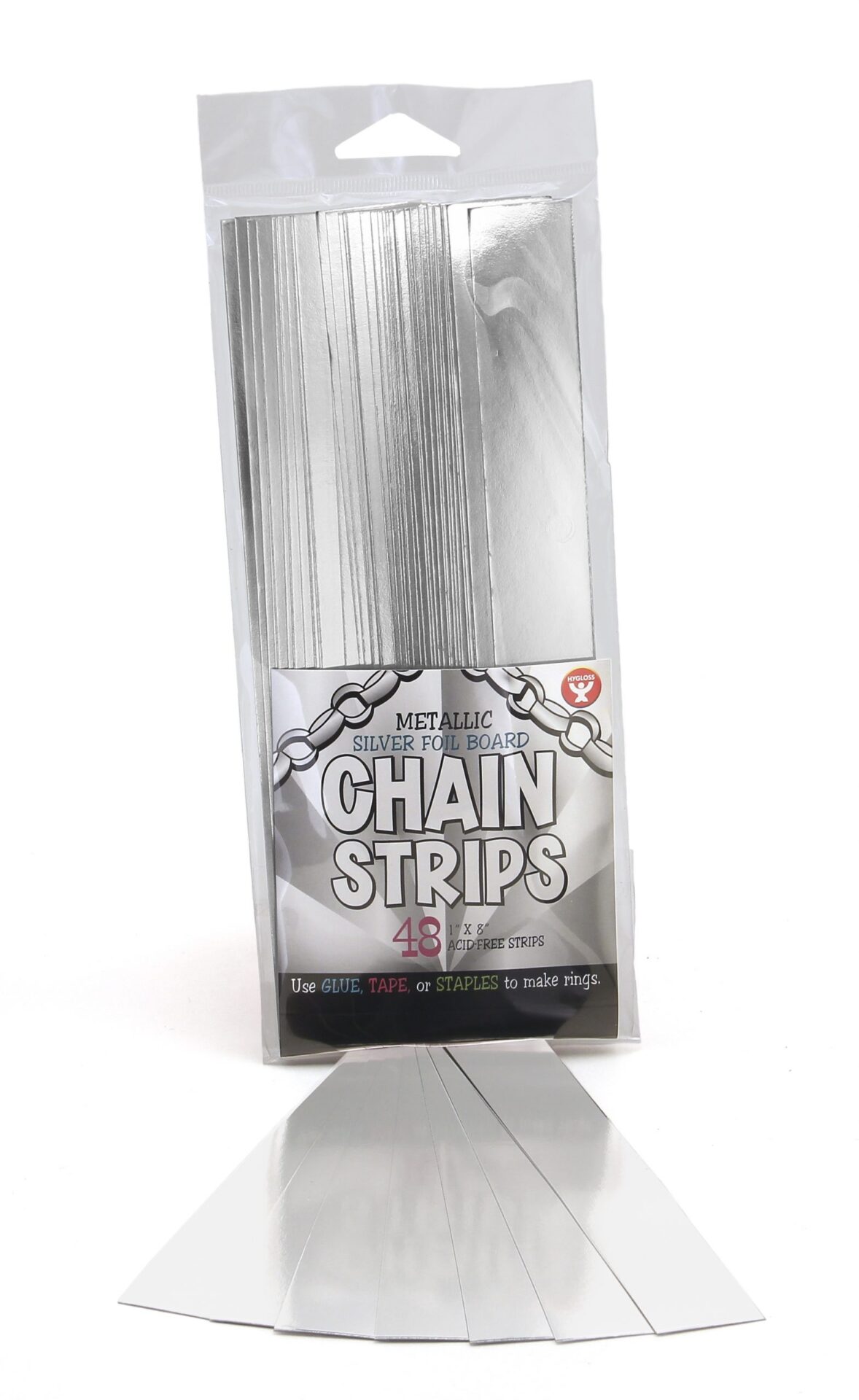 Super Strips 1"x8" - 48 Non-Gummed Metallic Silver Foil Board Chain Strips